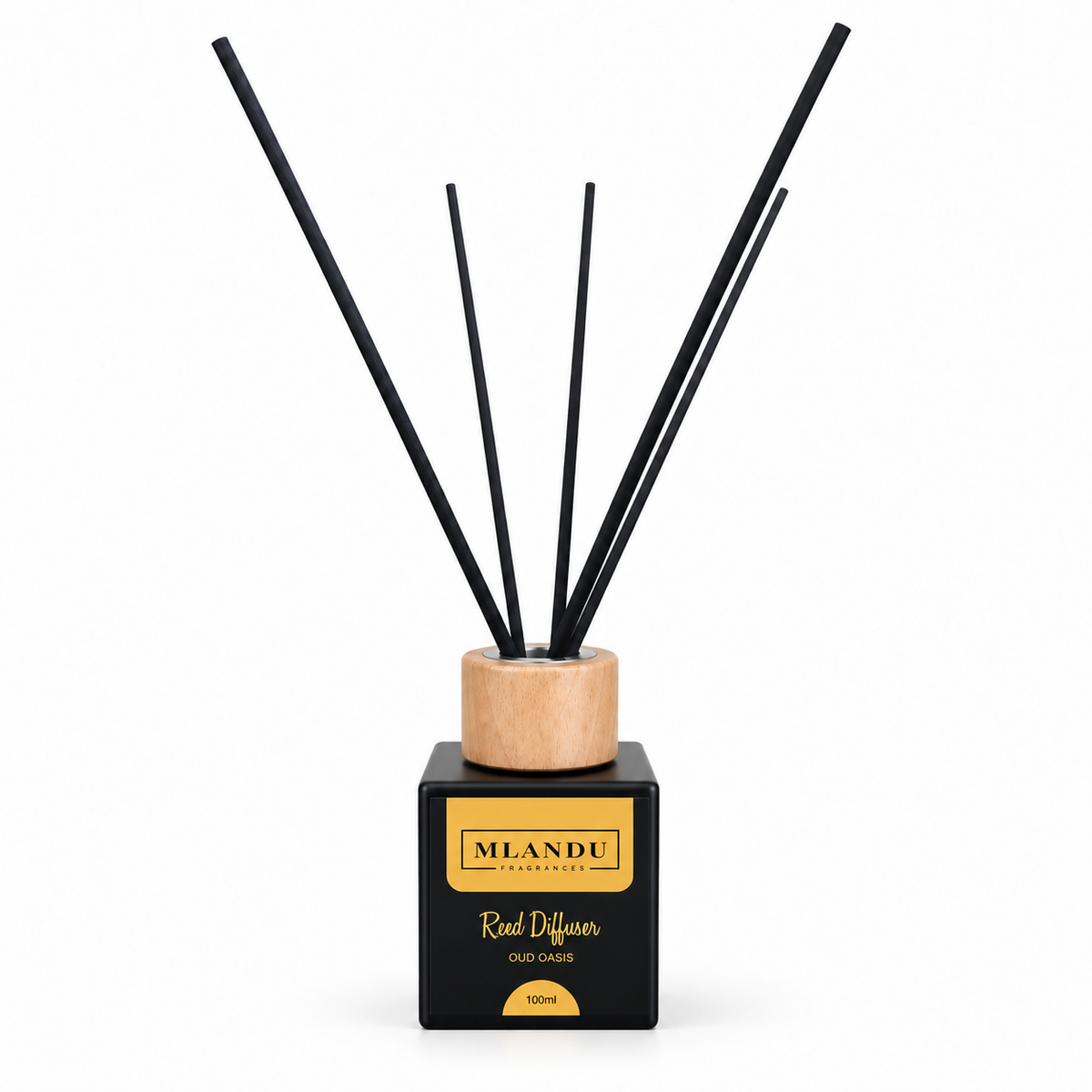 Mlandu Fragrances 100ml reed diffuser with inserted reeds on white background